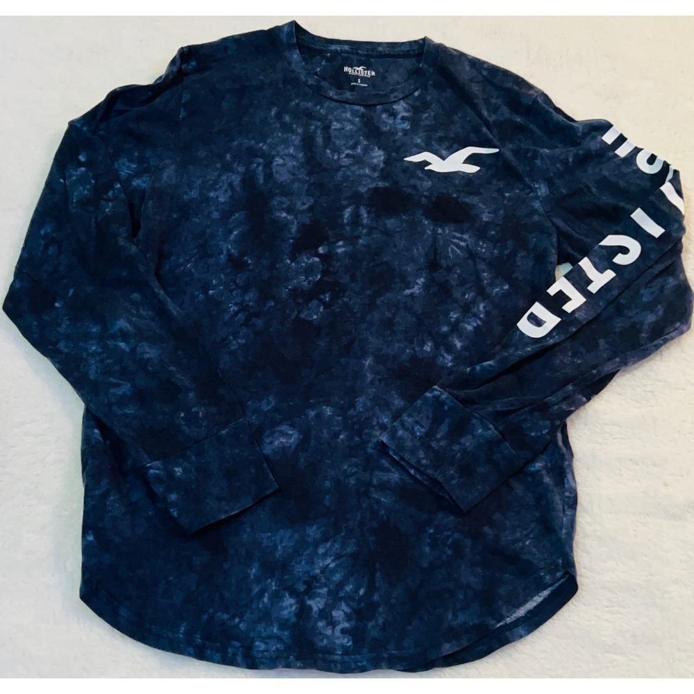 Hollister Mens Long Sleeve Tie Dye Graphic T-Shirt Navy Blue Small Logo Sleeve